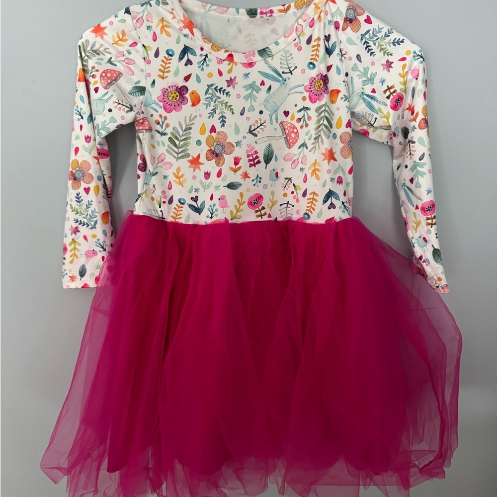 Floral Long Sleeve Dress with Pink Tulle Skirt